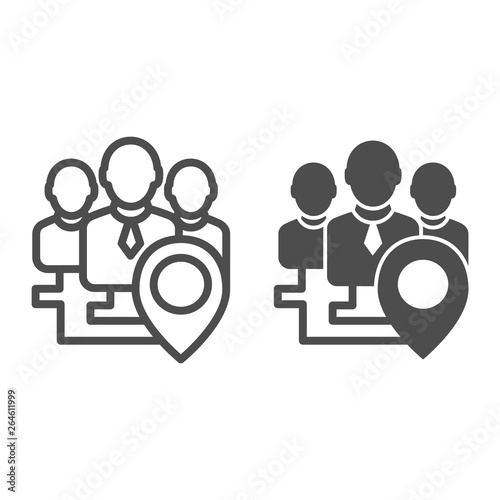 Team location line and glyph icon. Group with map pin vector illustration isolated on white. Navigation outline style design, designed for web and app. Eps 10.