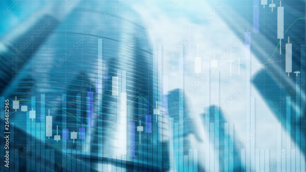 Stock Market Graph and Bar Candlestick Chart on futuristic city background.
