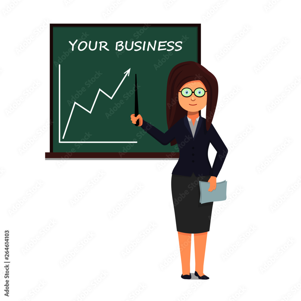 Woman shows a pointer to the chart. Businesswoman gives a presentation at the chalkboard. Woman shows a pointer to the chart. Businesswoman gives a presentation at the chalkboard.