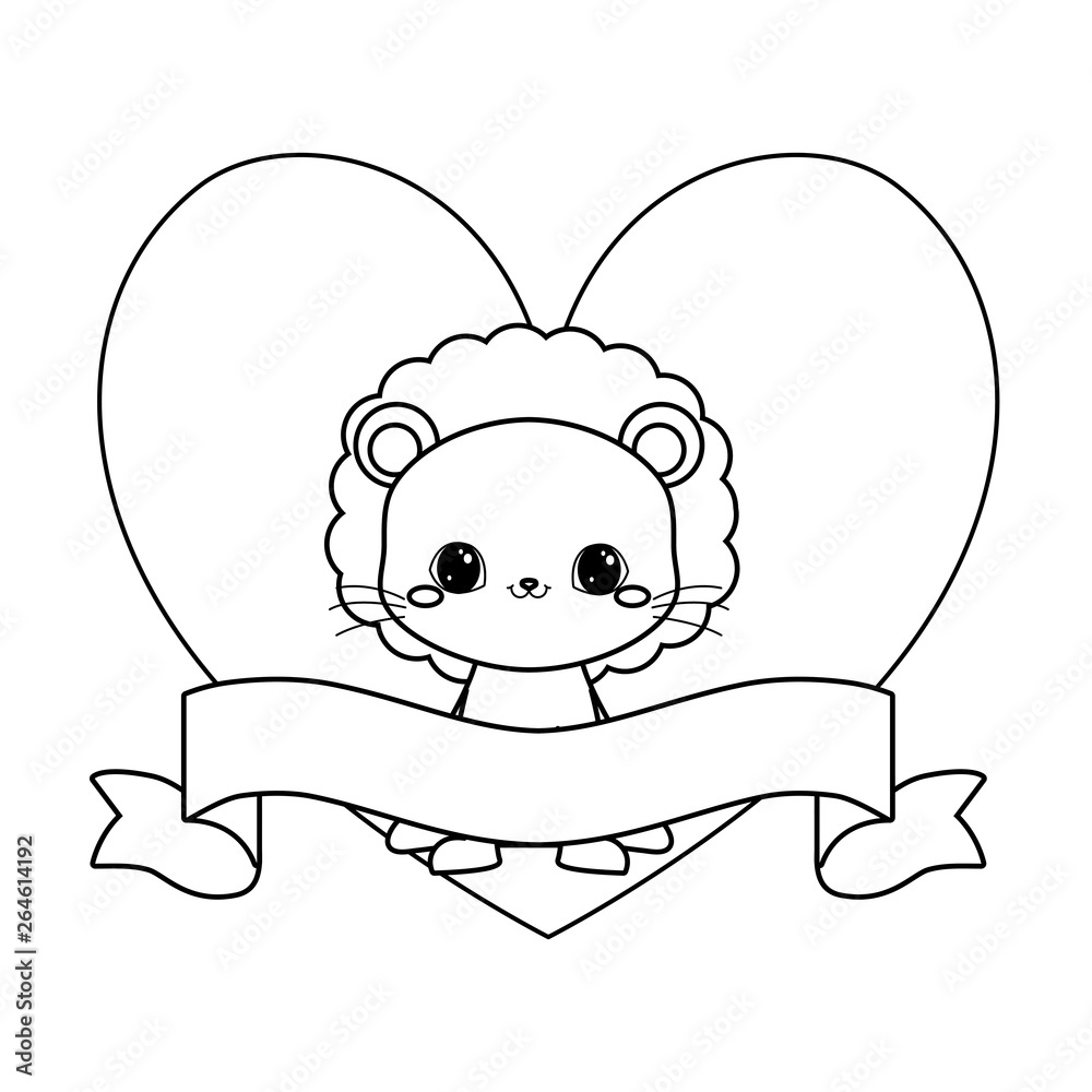 cute lion animal with ribbon in frame cute lion animal with ribbon in frame