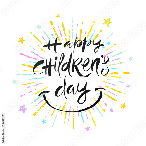Happy Childrens day - hand drawn vector illustration. Brush calligraphy greeting, smile and multicolored burst. Vector illustration.