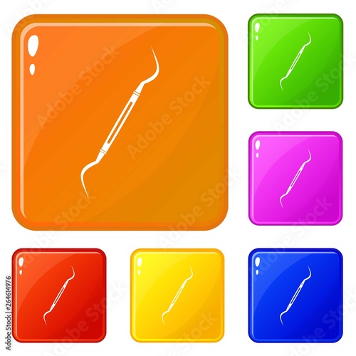 Dental instrument, probe icons set collection vector 6 color isolated on white background