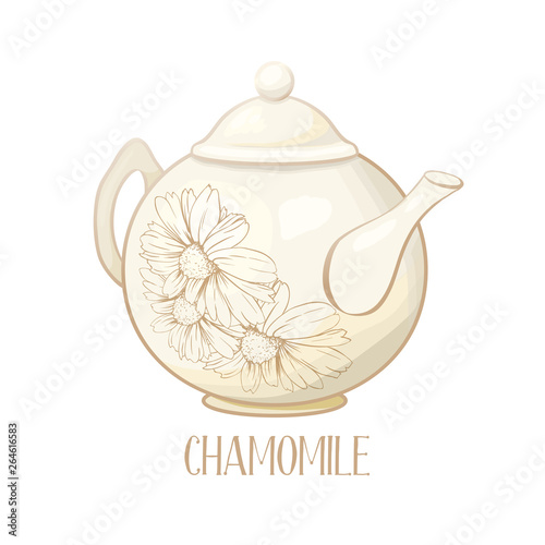 Porcelain or Ceramic Teapot Service. Mint Tea Leaves and Chamomile Flowers. Green Tea Cup. Isolated and Detailed Herbal Therapy Vector Illustration. Banner Design, Restaurant Menu, English Breakfast.