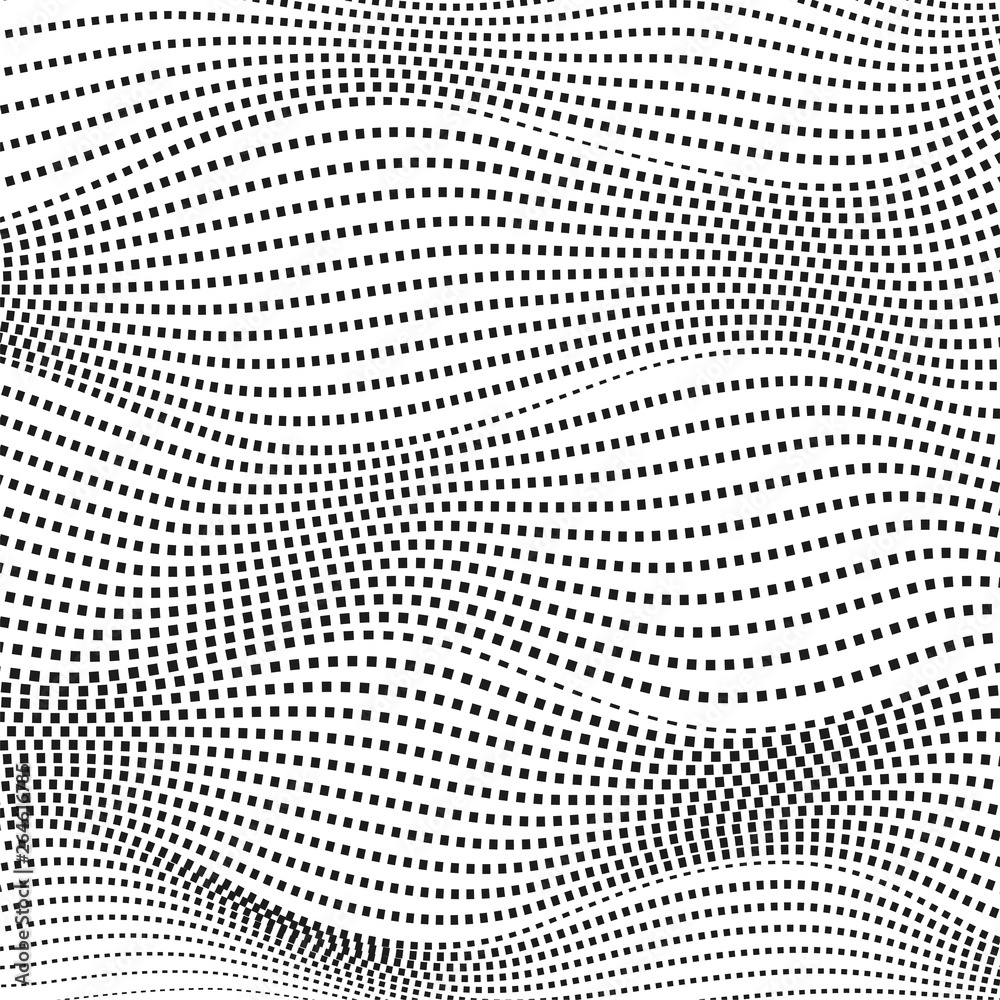 Black dotted squiggle curves. Vector line art pattern. Monochrome design. Abstract futuristic computer graphic, deformed surface. White background. Sound waves. EPS10 illustration