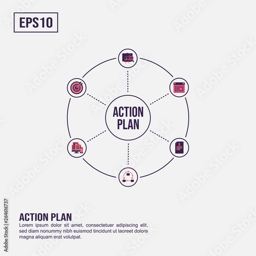 Action plan concept for presentation, promotion, social media marketing, and more. Minimalist Action plan infographic with flat icon