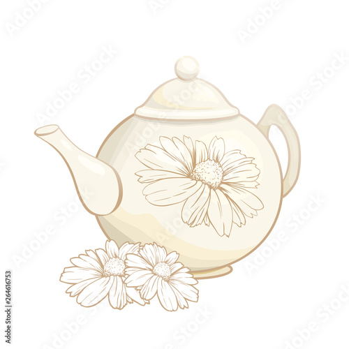 Porcelain or Ceramic Teapot Service. Mint Tea Leaves and Chamomile Flowers. Green Tea Cup. Isolated and Detailed Herbal Therapy Vector Illustration. Banner Design, Restaurant Menu, English Breakfast.