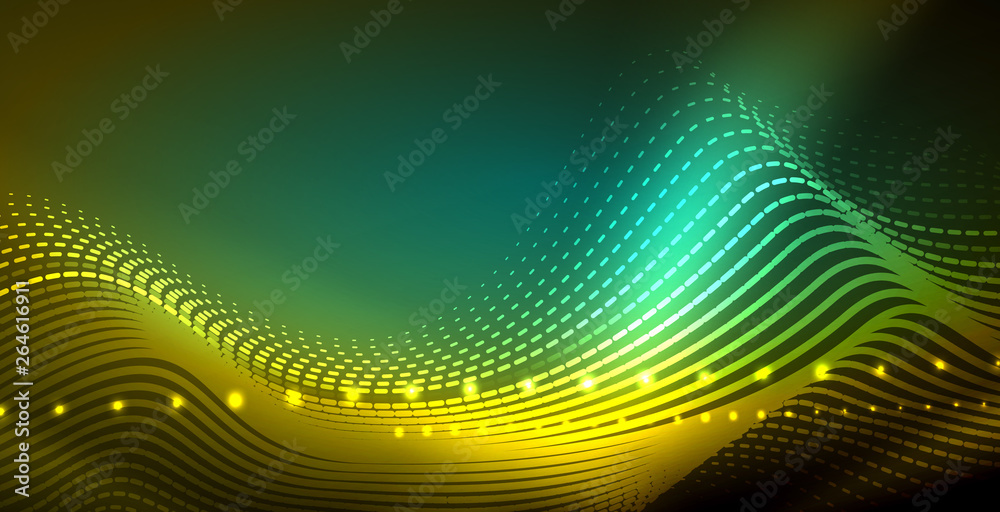Glowing abstract wave on dark, shiny motion, magic space light. Techno abstract background Glowing abstract wave on dark, shiny motion, magic space light. Techno abstract background