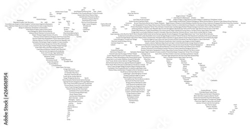 World map made of countries names. Worlmap with text pattern for travel articles and prints.