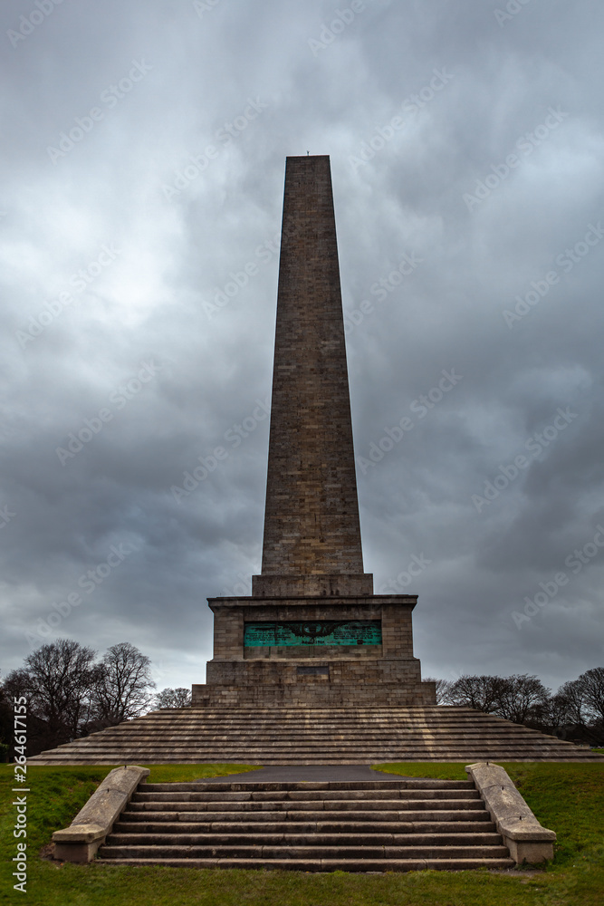 Dublin, Ireland – March 2019. Wellington Monument Imposing 62m obelisk built to commemorate victories of Arthur Wellesley, 1st Duke of Wellington. in Dublin, Ireland