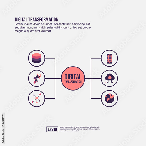 Digital transformation concept for presentation, promotion, social media marketing, and more. Minimalist Digital transformation infographic with flat icon