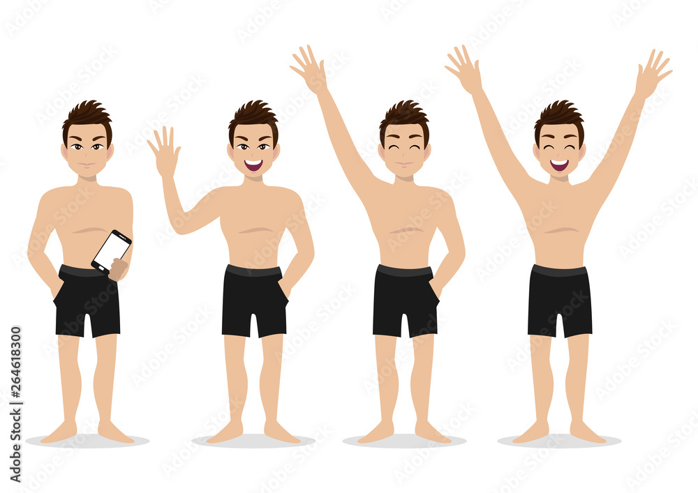Summer season holiday. Cartoon character on the beach , Handsome man with swimming pant and activities design vector Summer season holiday. Cartoon character on the beach , Handsome man with swimming pant and activities design vector