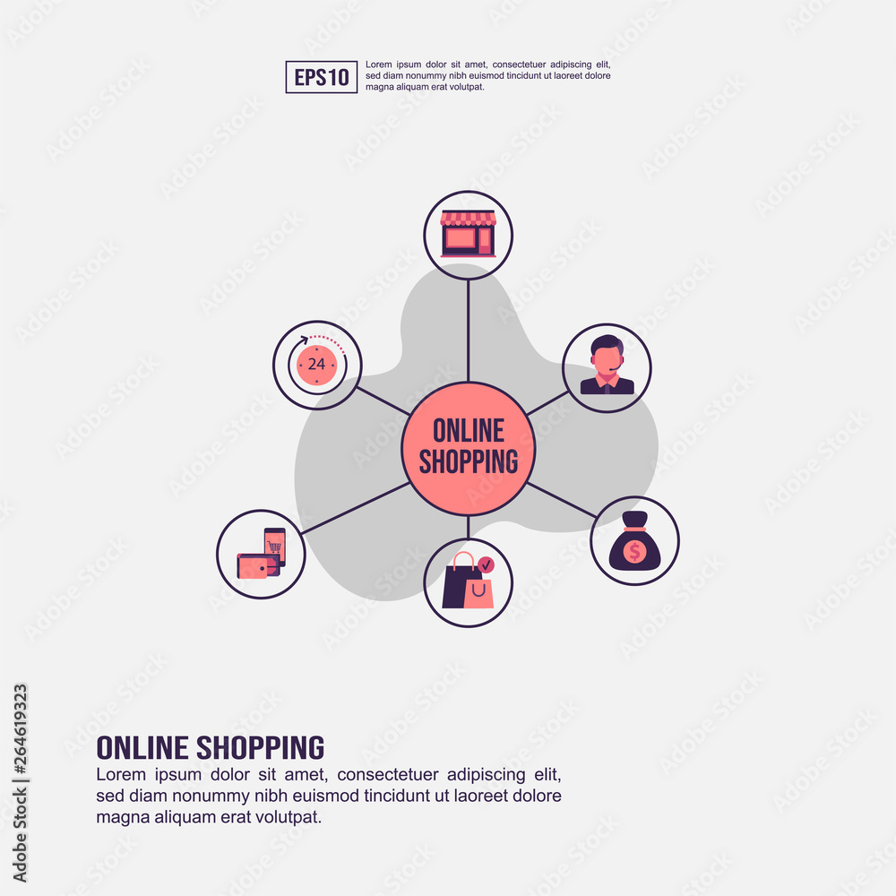 Online shopping concept for presentation, promotion, social media marketing, and more. Minimalist Online shopping infographic with flat icon Online shopping concept for presentation, promotion, social media marketing, and more. Minimalist Online shopping infographic with flat icon