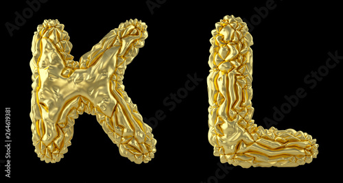 Realistic 3D letters set K, L made of crumpled foil. Collection symbols of crumpled gold foil isolated on black background.