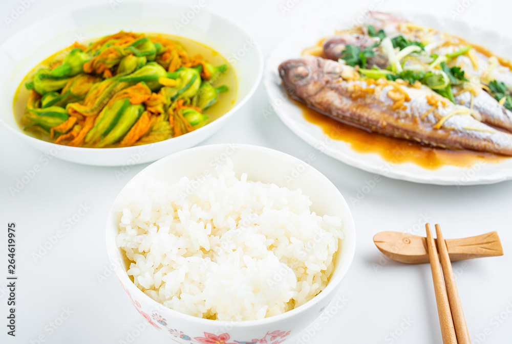 Chinese dish steamed red shirt fish and fried pumpkin flower Chinese dish steamed red shirt fish and fried pumpkin flower