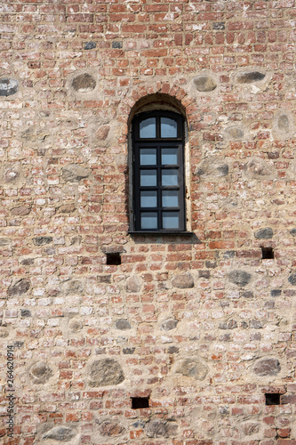 Mir, Belarus, April 24, 2019: The wall with the window, the ancient castle, stone walls