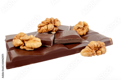 dark chocolate bar with walnuts on a white background
