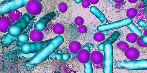 Biofilm of antibiotic resistant bacteria. Rod-shaped and spherical bacteria. Escherichia coli, Pseudomonas, Mycobacterium tuberculosis, Klebsiella, Staphylococcus aureus or other. 3D illustration photo