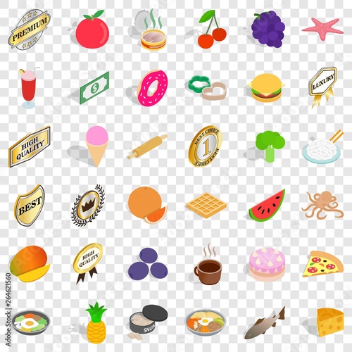 Food in dish icons set. Isometric 36 food in dish vector icons for web for any design