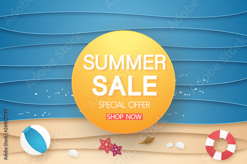 summer sale banner with abstract sea and beach with stuff background , paper art style