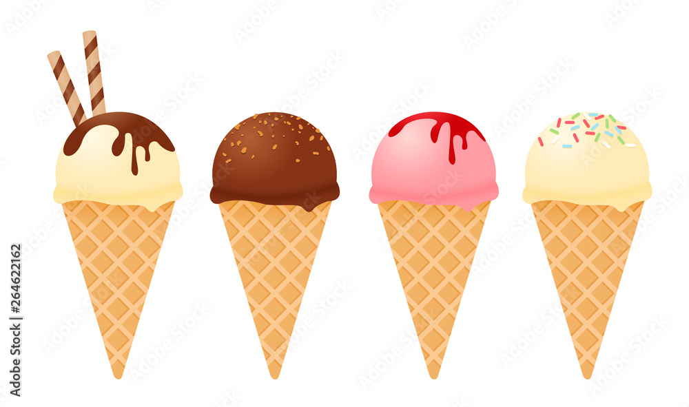 Various of ice cream flavor in cones isolated on white background