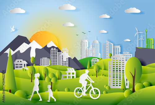 Concept of ecology city with technologies of future and urban innovations, paper cut design