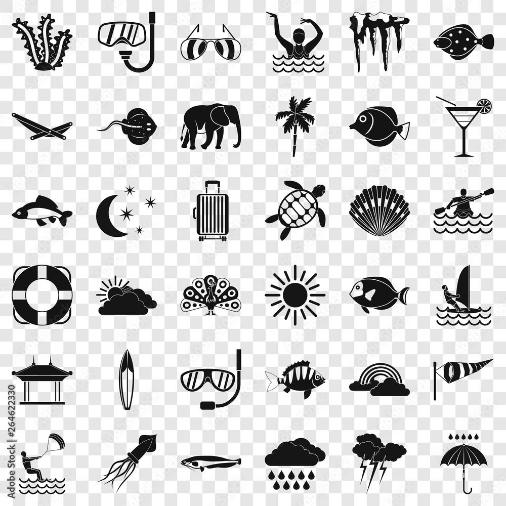 Diving in water icons set. Simple style of 36 diving in water vector icons for web for any design Diving in water icons set. Simple style of 36 diving in water vector icons for web for any design