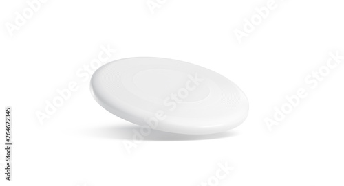 Blank white plastic frisbee mockup, isolated, no gravity, 3d rendering. Empty flying disc mock up. Clear round toy for summer game in park. Air disk for print design template. photo