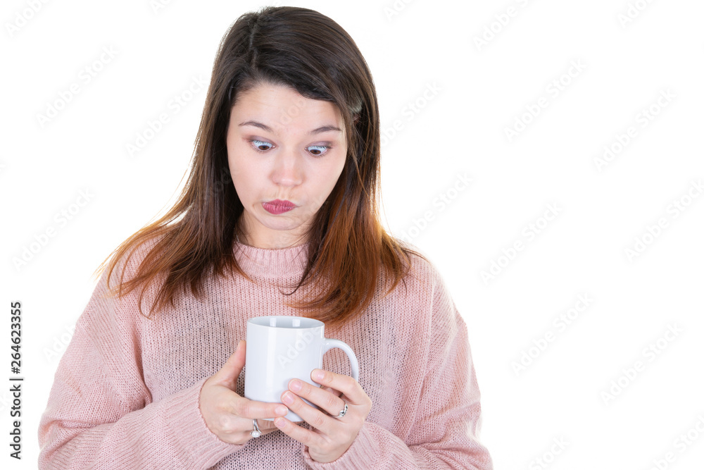 young brunette woman holding looking tea cup mug coffee in white background young brunette woman holding looking tea cup mug coffee in white background