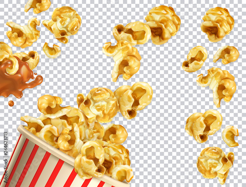 Popcorn with caramel vectorized image. 3d realistic vector set