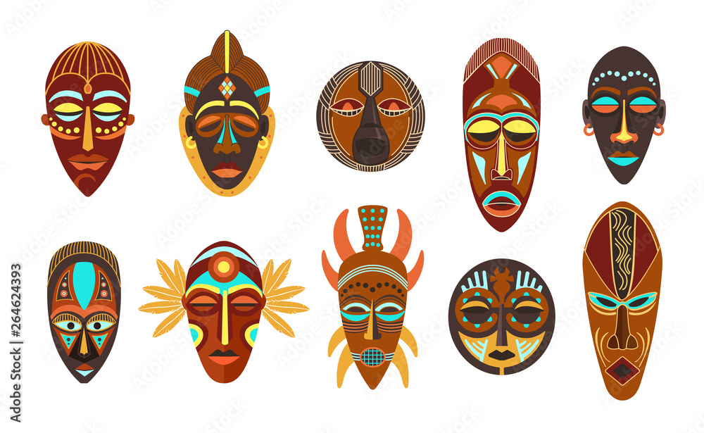 Flat set of colorful african ethnic tribal ritual masks of different shape isolated on white background.