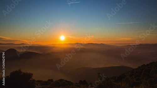 Sunrise over Barcelona city from the mount Montserrat. Catalonia, Spain