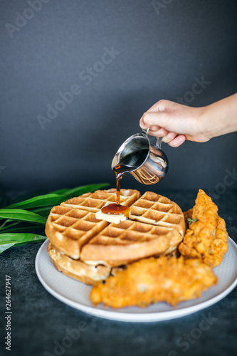 Chicken And Waffles with Maple Syrup