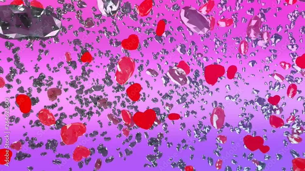 A beautiful animation of diamonds and crystals, both transparent and red, heart-shaped, moving forward in space. Pink gradient background. Concept: love, valentine, romance, gift.