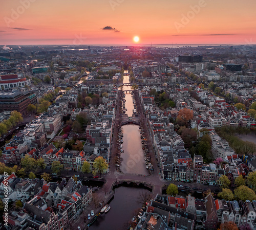 Aerial sunrise over the Amsterdam canals 