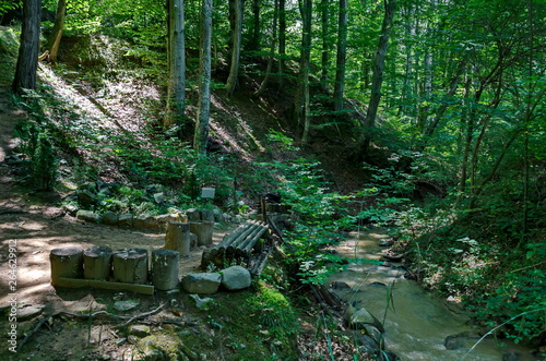 Beautiful view of the  Balkan mountain with forest, river Vrerestitsa  and place for relax under Todorini dolkie peak, near  Klisura Monastery and Varshets town, Bulgaria, Europe  photo