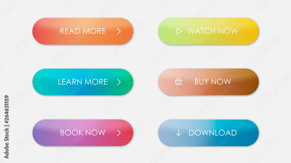 Set of vector modern material style buttons. Different gradient colors and icons rounded forms with shadows. Set of vector modern material style buttons. Different gradient colors and icons rounded forms with shadows.