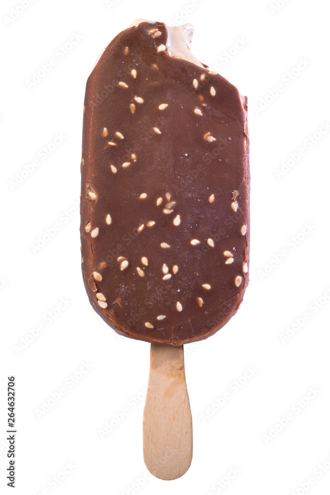Chocolate ice-cream tasted by someone, isolated on the white background. Chocolate ice-cream tasted by someone, isolated on the white background.