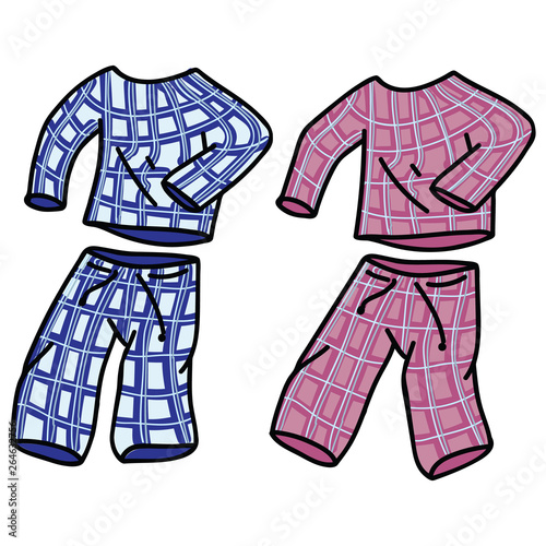 Cute pyjamas vector illustration motif set. Hand drawn isolated domestic sleepy elements clipart for home blog, cozy graphic, boys and girls clothes web buttons.