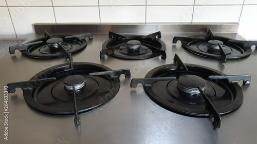 Gas stove with five rings in the kitchen