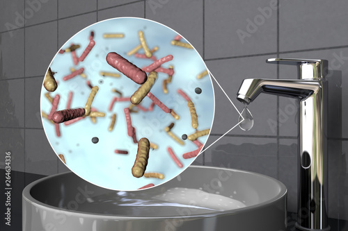Safety of drinking water concept, 3D illustration showing bacteria contaminated drinking water