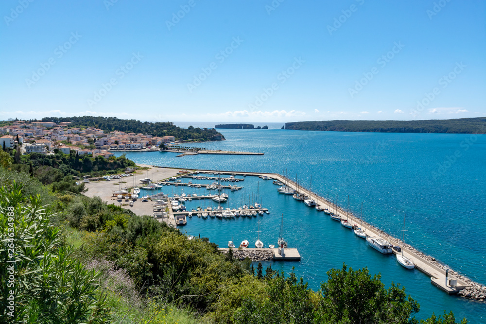 Pylos, with historically name Navarino, seaport town in Messenia, Peloponnese, Greece, main harbour on Bay of Navarino, holiday destination for eco tourism and water sport.