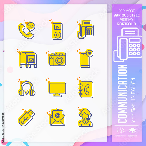 Communication icon set with lineal style for technology. Contact us icon bundle can use for website, app, UI, infographic, print template and presentation.