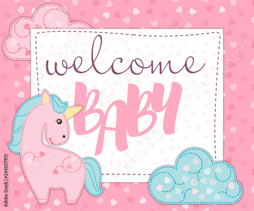 Greeting card or invitation for newborn baby girl celebration. Baby shower invitation card template with cute unicorn for baby girl.