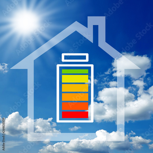 Haus Illustration Sonnenenegie mit Batteriespeicher, Akkuspeicher
