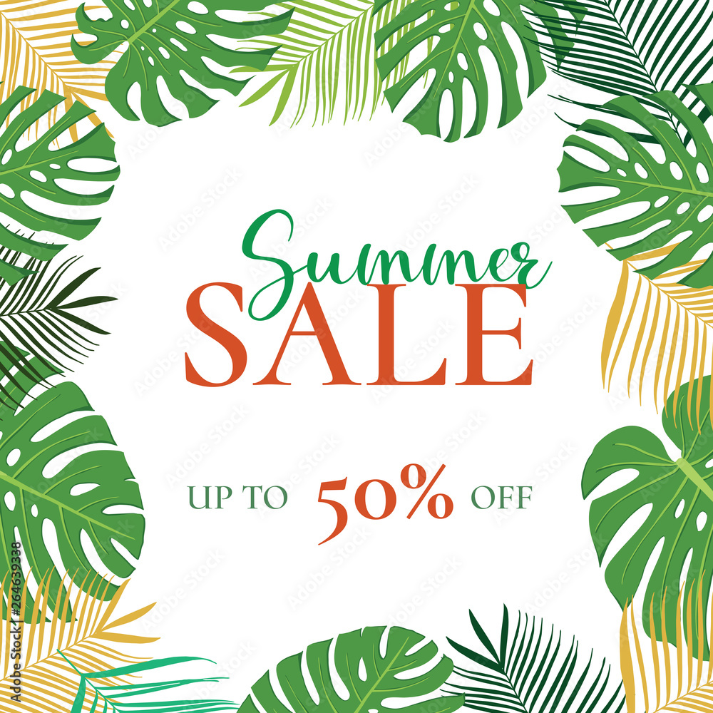 Summer sale banner vector template with monstera and sand effect