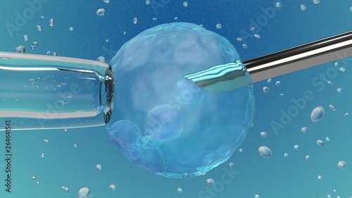 3d illustration: Artificial insemination: steel  needle fertilizing a female egg on blue background with bubbles. Medical concept photo