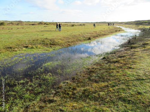 Birdwatchers in ?de Nederlanden? on Wadden island of Texel in the Netherlands. Man made wetland in National Park Duinen van Texel. photo