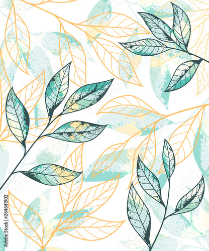 Golden and green leaves pattern. Hand drawn vector background
