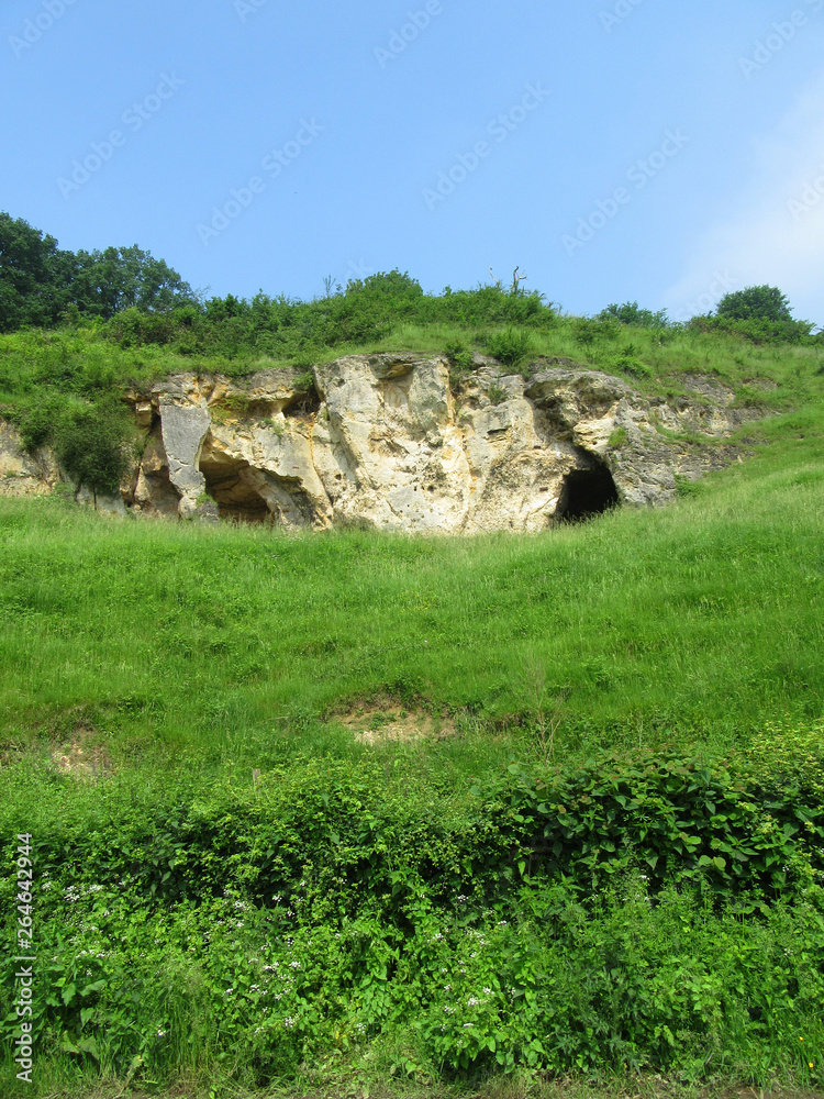 Vertical image of Nature reserve Bemelerberg in Limburg, Netherlands. Merl cave in green grass covered low hill.