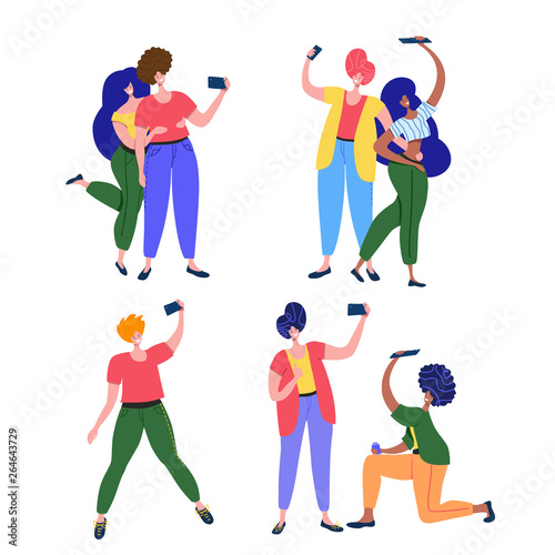 Friends and couples pose, smiling and taking selfie for social media holding camera in hand. Gadget party vector illustration
